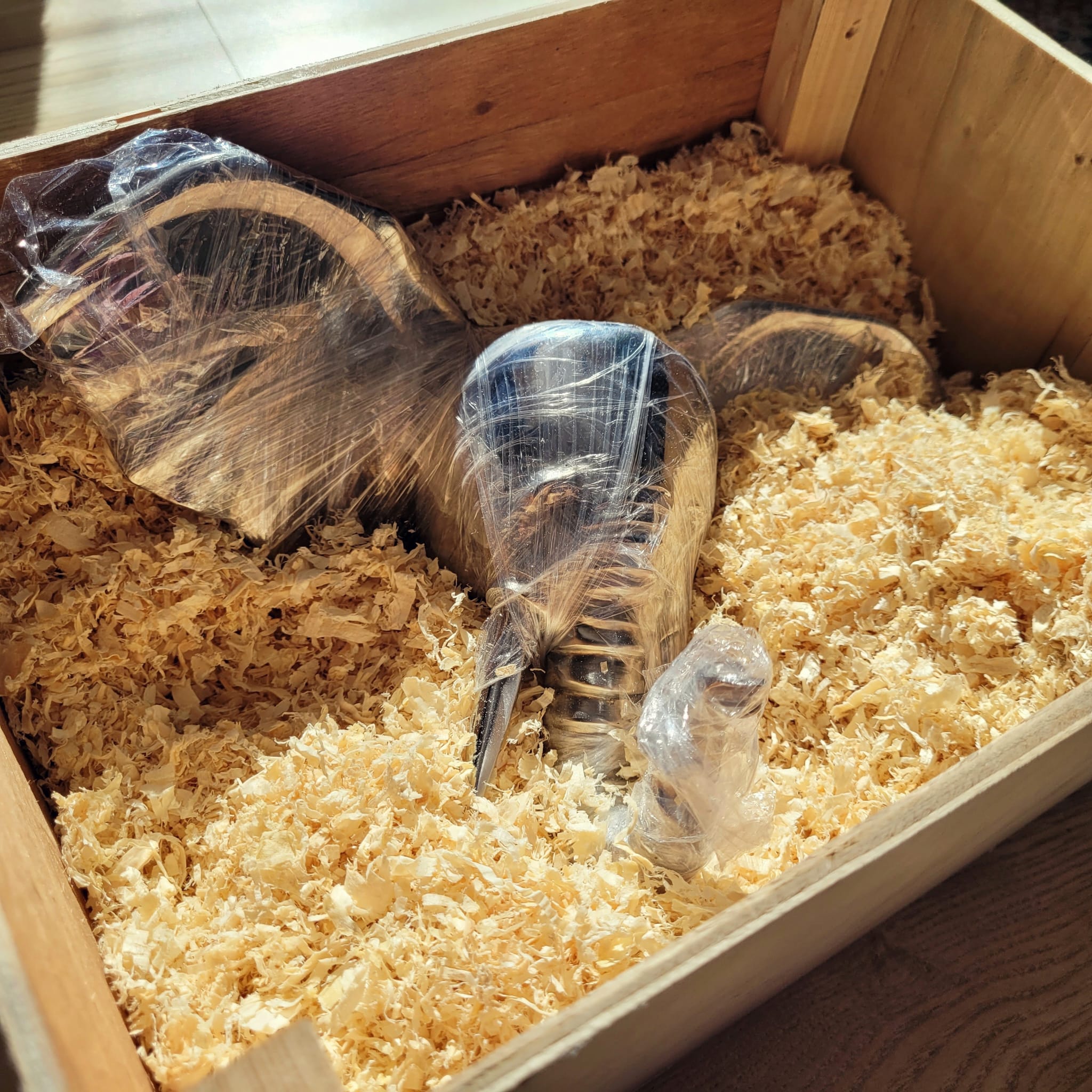 Finished piece in shipping crate