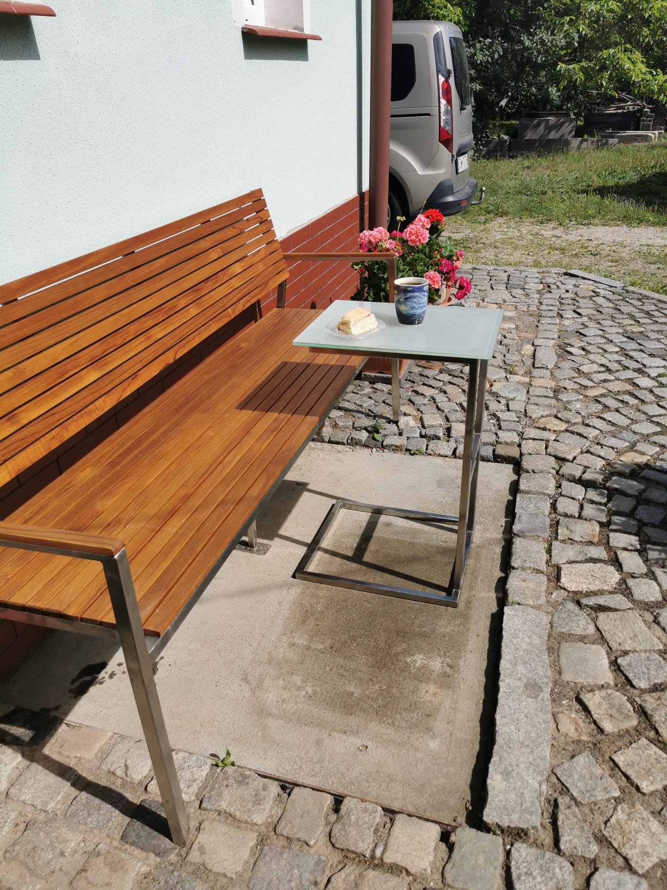 Outdoor wood and steel bench set